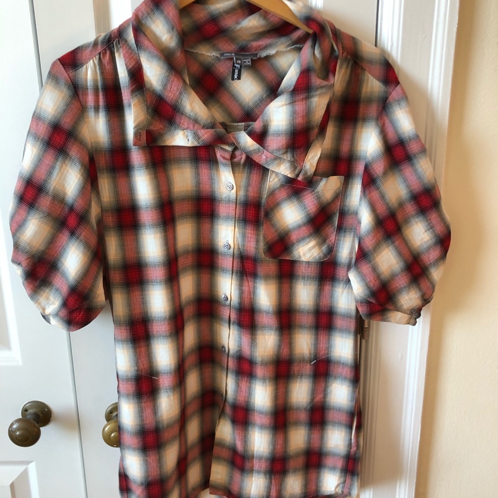 Vince plaid rolled shirt tunic Bergdorf Goodman